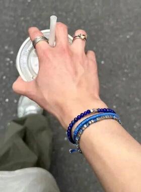 潮流校园风情侣高颜值叠戴手錬时尚时髦气质百搭手串蓝色手饰