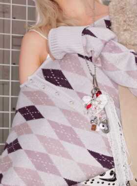 原创设计蕾丝彩钻爱心朋克别针多戴法锁骨项链毛衣链