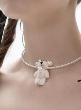 秋冬耶诞节可爱毛绒白色小熊项圈珍珠choker项炼女
