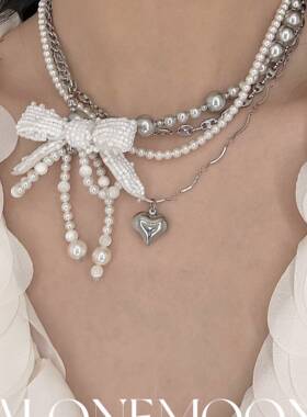 原创设计无序的蝴蝶结珍珠钛钢项炼重工多层