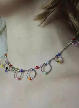辣妹原创小众独立设计师韩国ins款彩色串珠圆环项链 锁骨链女潮人