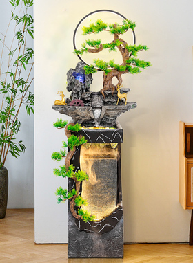 客厅高山流水生财摆件办公室开业礼品装饰迎客松假山喷泉水景落地