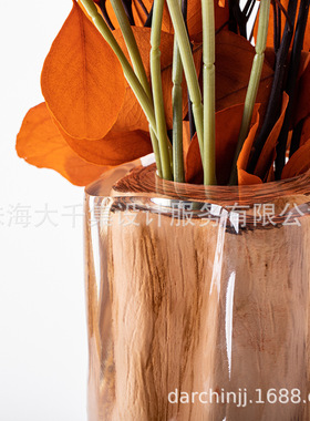 现代轻奢中式透明树脂仿木色肌理花器客厅装饰干花摆件餐桌面插花