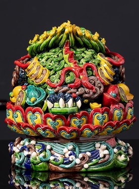 景德镇陶c瓷交趾彩陶招财七彩三足莲花金蟾私人商务礼品摆件大号