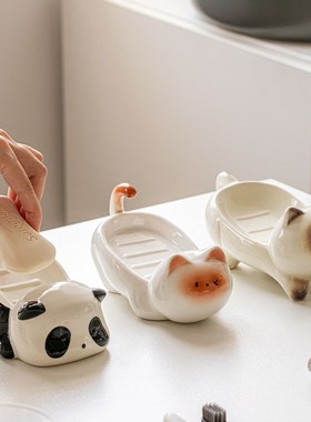 可爱陶瓷肥皂碟家用浴室洗手台香B皂盒创意卡通小猫肥皂架收纳摆