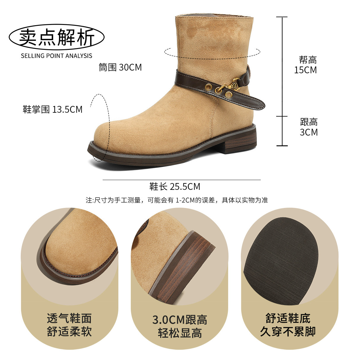 复古西部牛仔靴女2025新款秋冬厚底粗跟增高马丁靴金属扣短筒靴子 - 图3