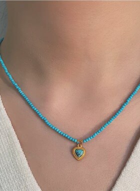 速发法式复古蓝松石锁骨链小众设计桃心吊坠项链气质钛钢高级感配