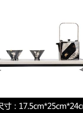 新中式茶具套装金属托盘刷银陶瓷茶壶摆件样板房书房茶室桌面饰品