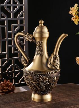 纯黄铜龙凤呈祥酒壶铜摆饰茶杯茶具套组家用客厅办公室桌面装饰品