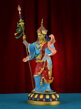 尼泊尔工艺铜彩绘站像莲花生大士佛像摆件藏式莲师手工錾刻铜佛像