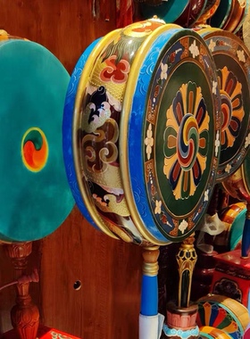 50厘米藏式手绘实木带把法鼓加彩绘底座民族风装饰品摆件