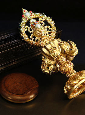 八吉祥摆件铜鎏金镶彩珠八吉祥套装供具金轮吉祥八宝莲花藏式