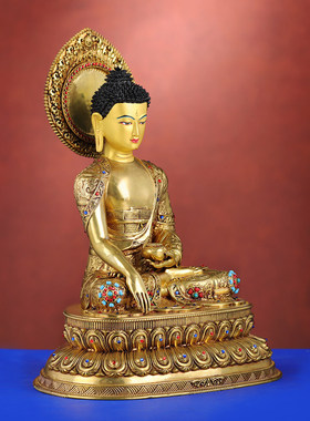 尼泊尔工艺释迦牟尼铜佛像摆件藏式居家供奉铜像手工錾刻7寸/1尺