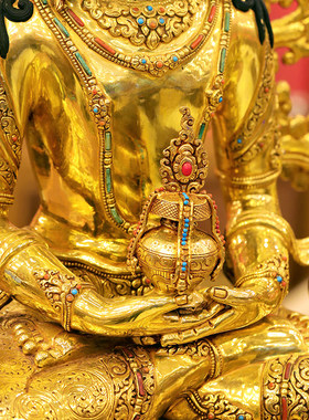 尼泊尔手工长寿佛像摆件手工錾刻无量寿铜像铜鎏金佛像摆件78cm