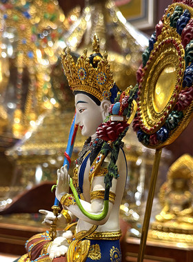 尼泊尔工艺彩绘虚空藏菩萨佛像手工錾刻藏式铜佛像藏菩萨摆件27cm