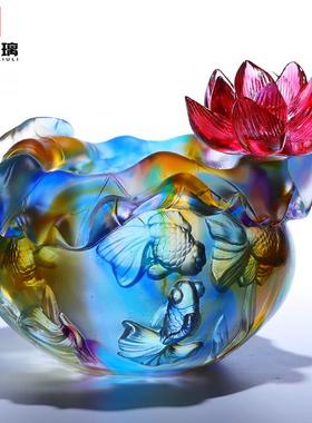 高档琉璃聚宝盆鱼缸摆件招财镇宅客厅家用玄关钥匙收纳轻奢装饰品
