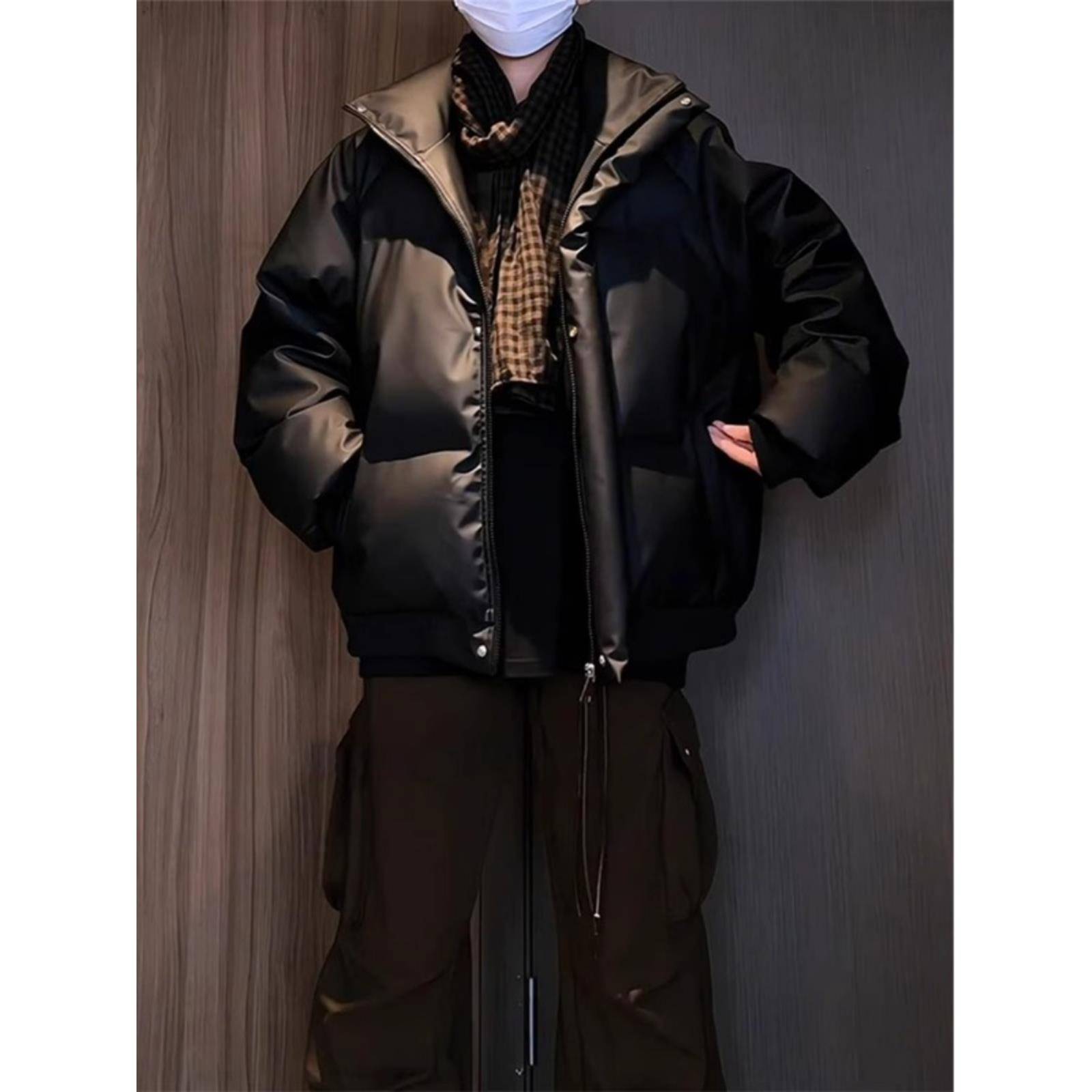 立领羽绒服外套男士2025冬季新款美式潮牌休闲帅气加厚PU皮面包服 - 图0