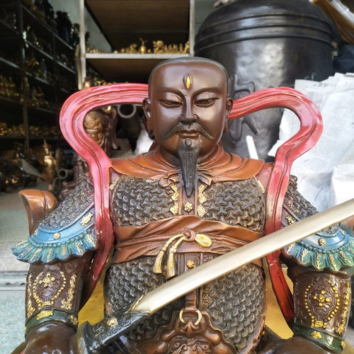 真武大帝铜像摆件玄天祖师爷三眼彩绘家居佛堂平安供奉大小号摆件 - 图0