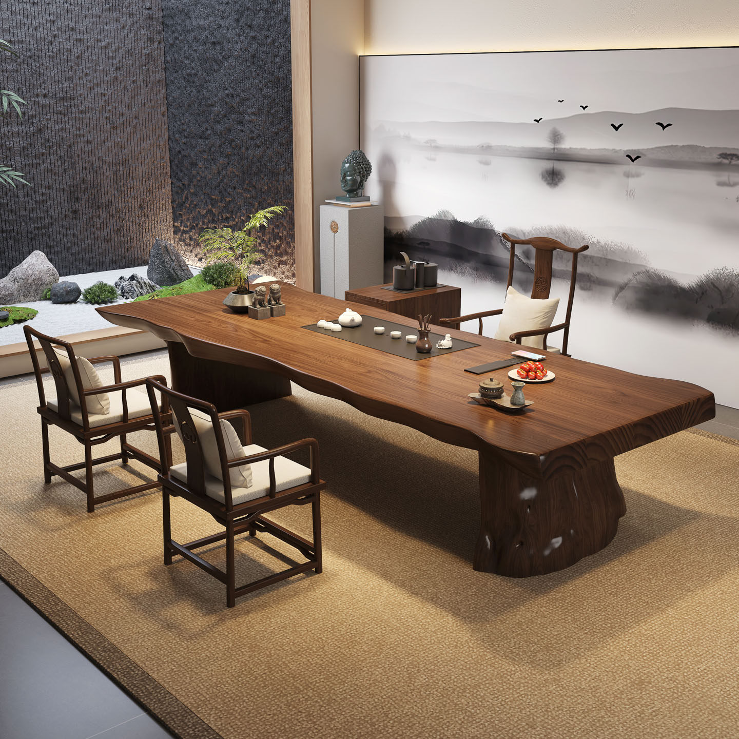 宋代美学全实木商业不规则大板茶桌椅组合接待桌会客办公泡茶台 - 图0