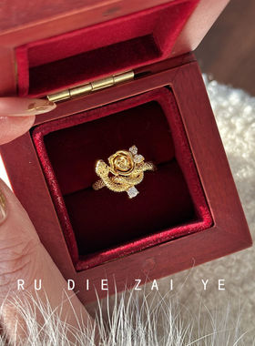 桃思竹 玫瑰与蛇 中古灵蛇缠绕玫瑰锆石微镶戒指本命年蛇年开口戒