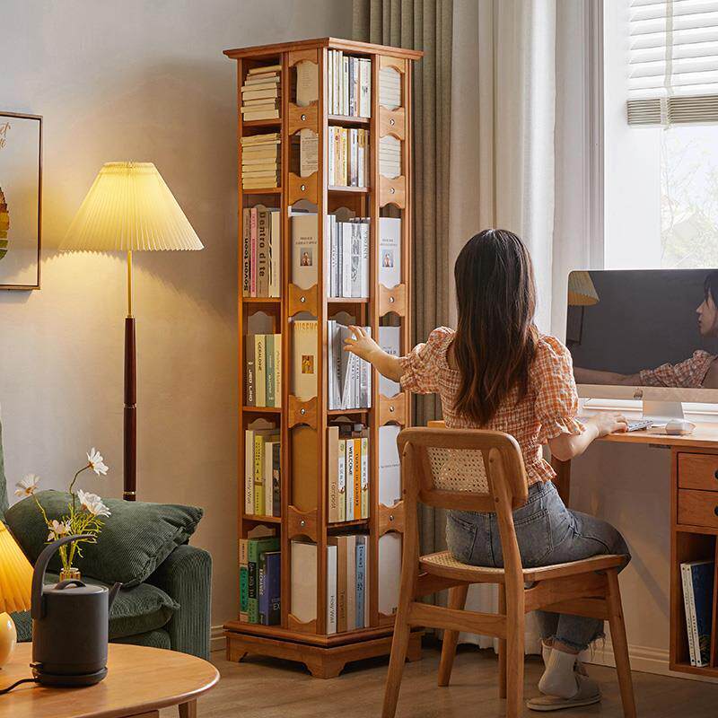 旋转书架360度书柜子书桌面收纳家用客厅实木儿童创意落地置物架 - 图1