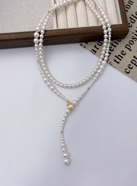 进口施家渐变珠长珍珠项链$925银扣轻奢小众设计感毛衣链Y字链