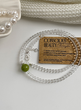 夏日清凉森系海蓝宝紫水晶粉晶天河石纯银碎碎冰白水晶小众项链