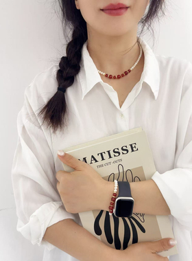 几朵家/车厘子红.红玛瑙碎银珍珠项链S925银小众复古国风锁骨链