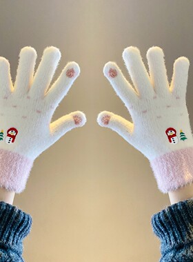 可爱雪人圣诞毛绒五指手套女2026年冬季毛茸茸保暖防寒骑行可触屏