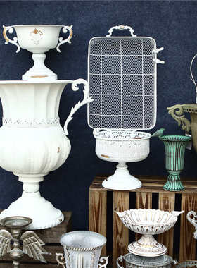 欧式美式复古花瓶花器阳台植物装饰仿古做旧铁艺奖杯花盆园艺摆件