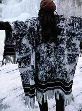 水墨东方美学花纹披肩围巾女长款