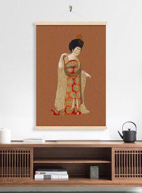 簪花仕女图挂画布艺电表箱遮挡画新中式客厅装饰画禅意茶室挂布画