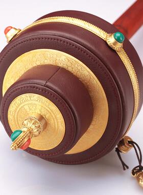 学院款长柄手摇转金轮圣大号转经简底座树脂铜八吉祥双层家用皮革