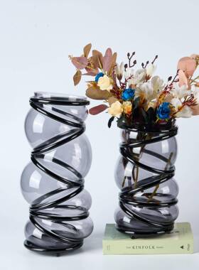 现代约玻璃缠果绕花器木质脚盘创简意摆件高桌面A6金属餐桌装饰品