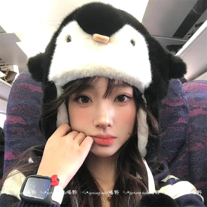 可爱搞怪小企鹅毛绒帽子女加厚保暖防寒护耳显脸小针织毛线套头帽,淘宝优惠券,粉丝福利购,淘宝优惠卷
