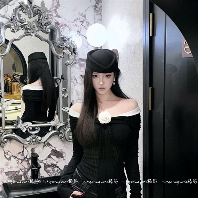 复古赫本风黑色平顶小礼帽女法式优雅辣妹贝雷帽高级感制服空姐帽