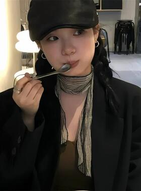 复古文艺条纹亚麻小丝巾