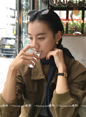 法式复古蓝色波点棉麻围巾