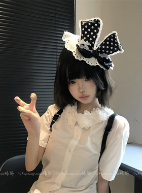 日系甜美黑白波点蕾丝兔耳发夹