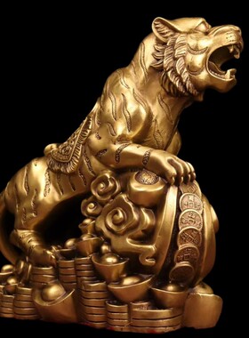 纯铜老虎摆件客厅办公室虎t年生肖虎啸山河铜金钱上山虎工艺品大