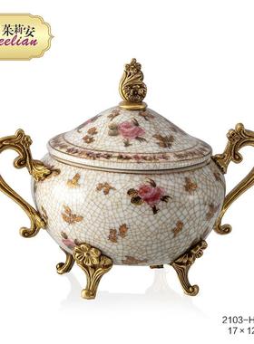 茱莉安奢华法式浪漫陶瓷镶铜果碟欧式精美艺术彩绘桌面装饰摆件