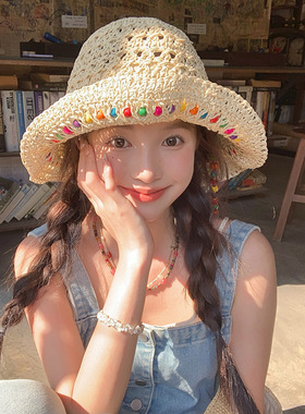 新款泫雅风彩珠渔夫帽夏季海边草帽女大帽檐遮阳防晒帽可折叠帽子