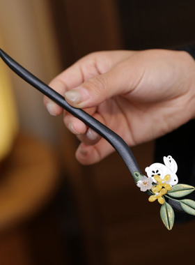 古风桂花兔木质发簪日常汉服头饰