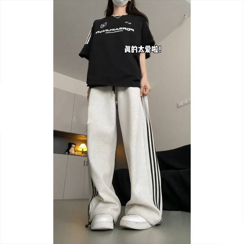 猫柚白灰色条纹运动裤女2025新款夏季卫裤宽松慵懒小个子阔腿裤子,淘宝优惠券,粉丝福利购,淘宝优惠卷