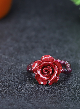 轻奢设计朱砂石榴石玫瑰花戒指女