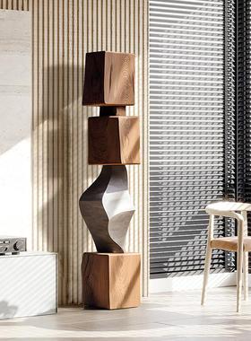 酒店民宿木雕装饰品落地摆件高级感样板房客厅抽象竖高雕塑艺术品
