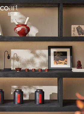 邸高家居新中式红玻璃对狮子摆件样板房间书房琥珀色动物饰品摆设