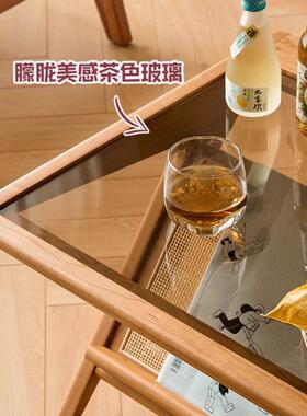 法式GNV古茶几实木编客厅家用餐藤桌两玻璃长方形简约现代小用户