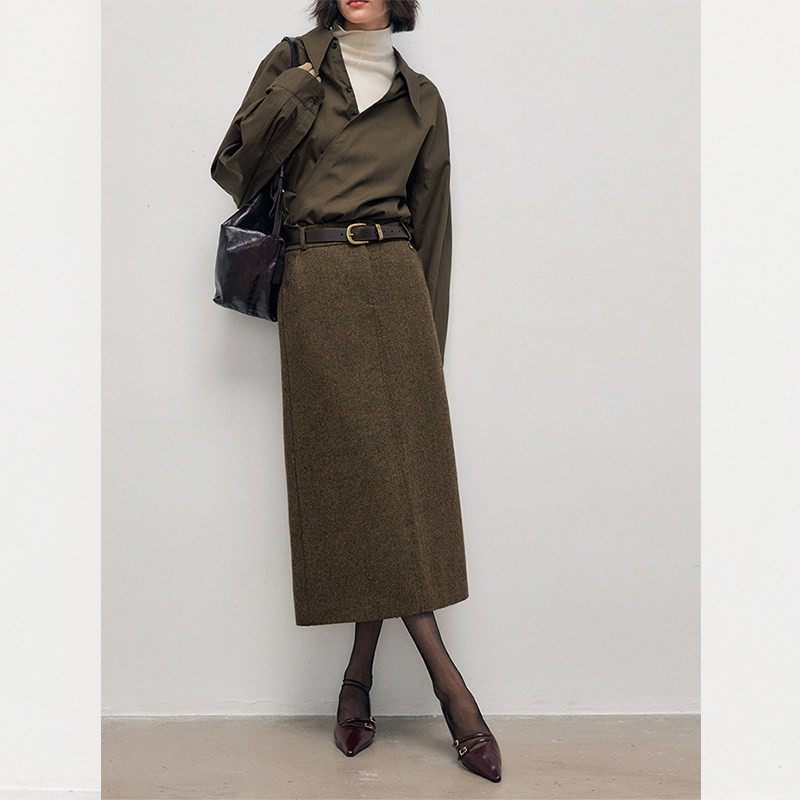 时尚开叉毛呢半身裙女装秋冬新款垂感高腰百搭人字纹a字裙子气质,淘宝优惠券,粉丝福利购,淘宝优惠卷