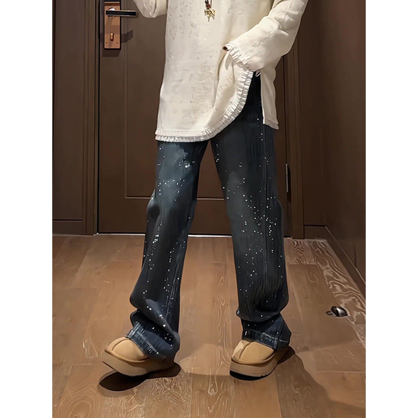 高级感细闪烫钻牛仔加绒裤子女冬季2025新款高腰显瘦设计感阔腿裤,淘宝优惠券,粉丝福利购,淘宝优惠卷